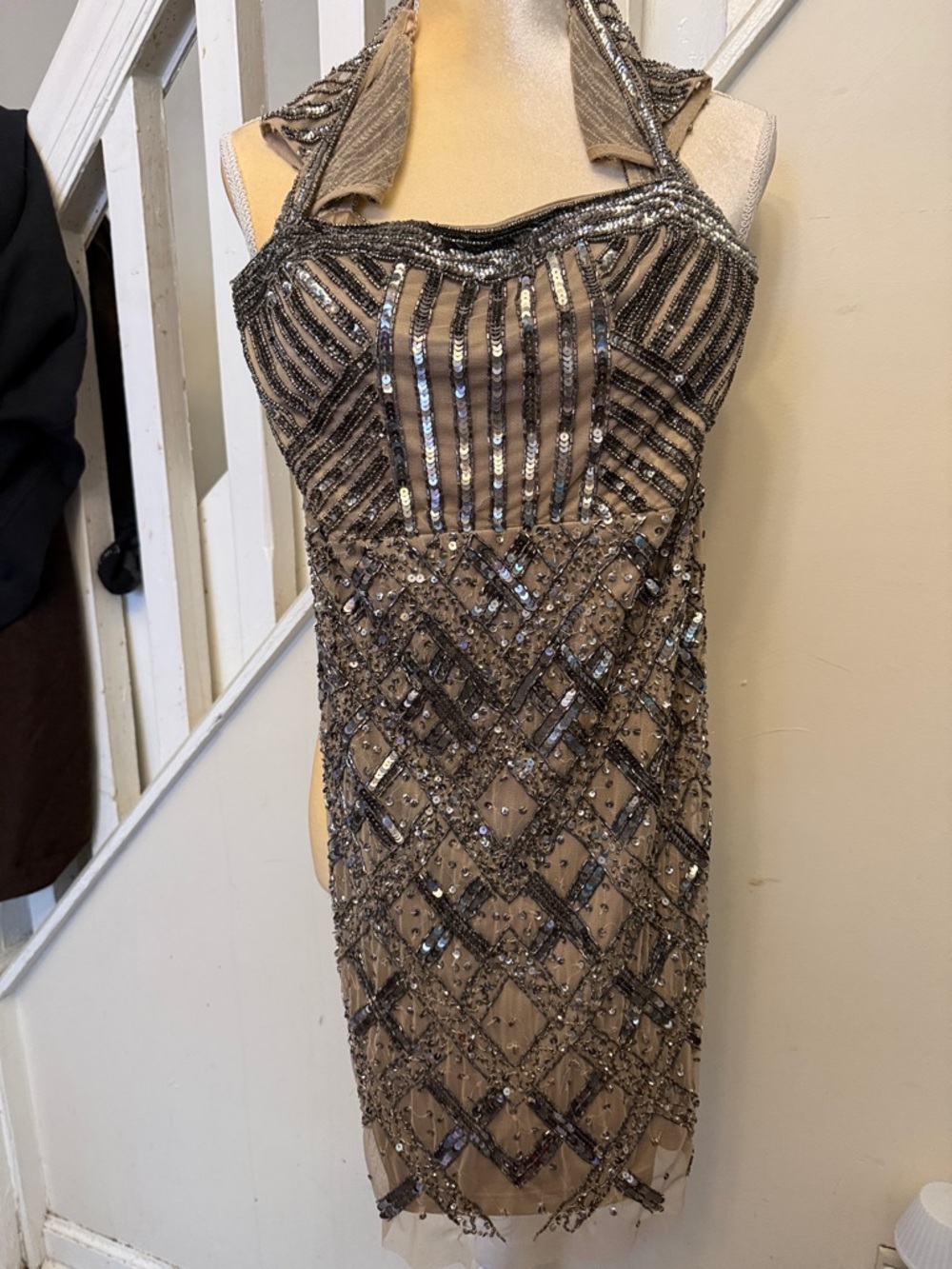 Adrianna Papell Nude Beaded Mini Dress with Gunmetal Sequins - Picture 2 of 9